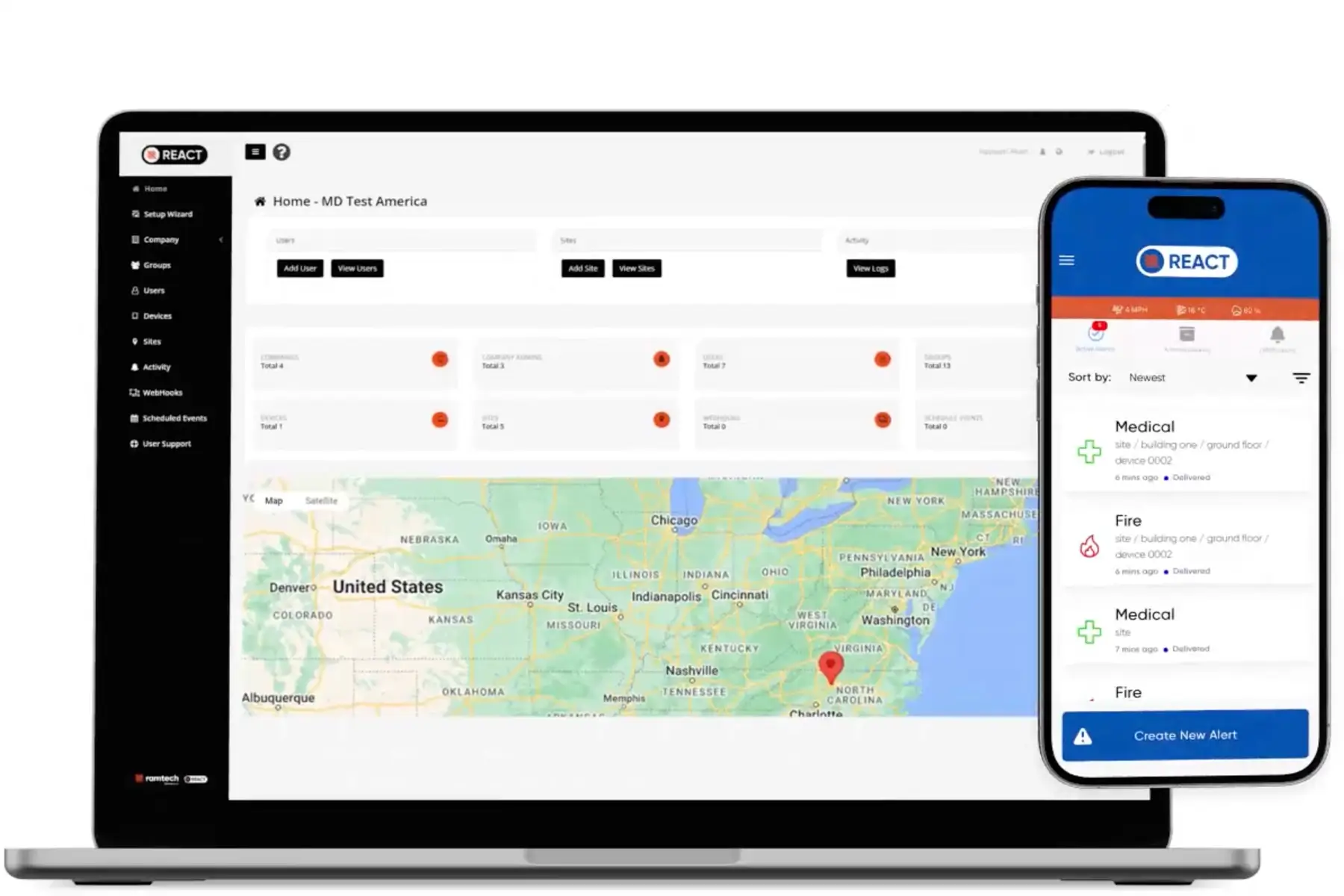 REACT dashboard — overzicht van actieve units in het ASG Fire-Alert® netwerk
